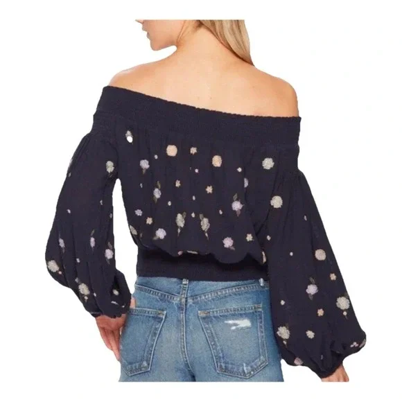 Free People Embroidered Off The Shoulder Blouse Navy Blue Floral Smocked Top S - Picture 2 of 10